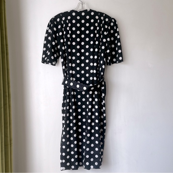 Vintage 80s Papell Boutique Black White Belted Polka Dot Dress 6 - Picture 3 of 3